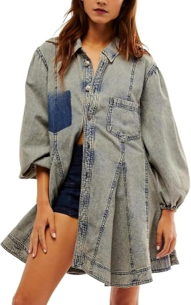 cffvdiz Women's Long Sleeve Denim Dress Vintage Distressed Lantern Sleeve Button Down Shirt Jean ... | Amazon (US)