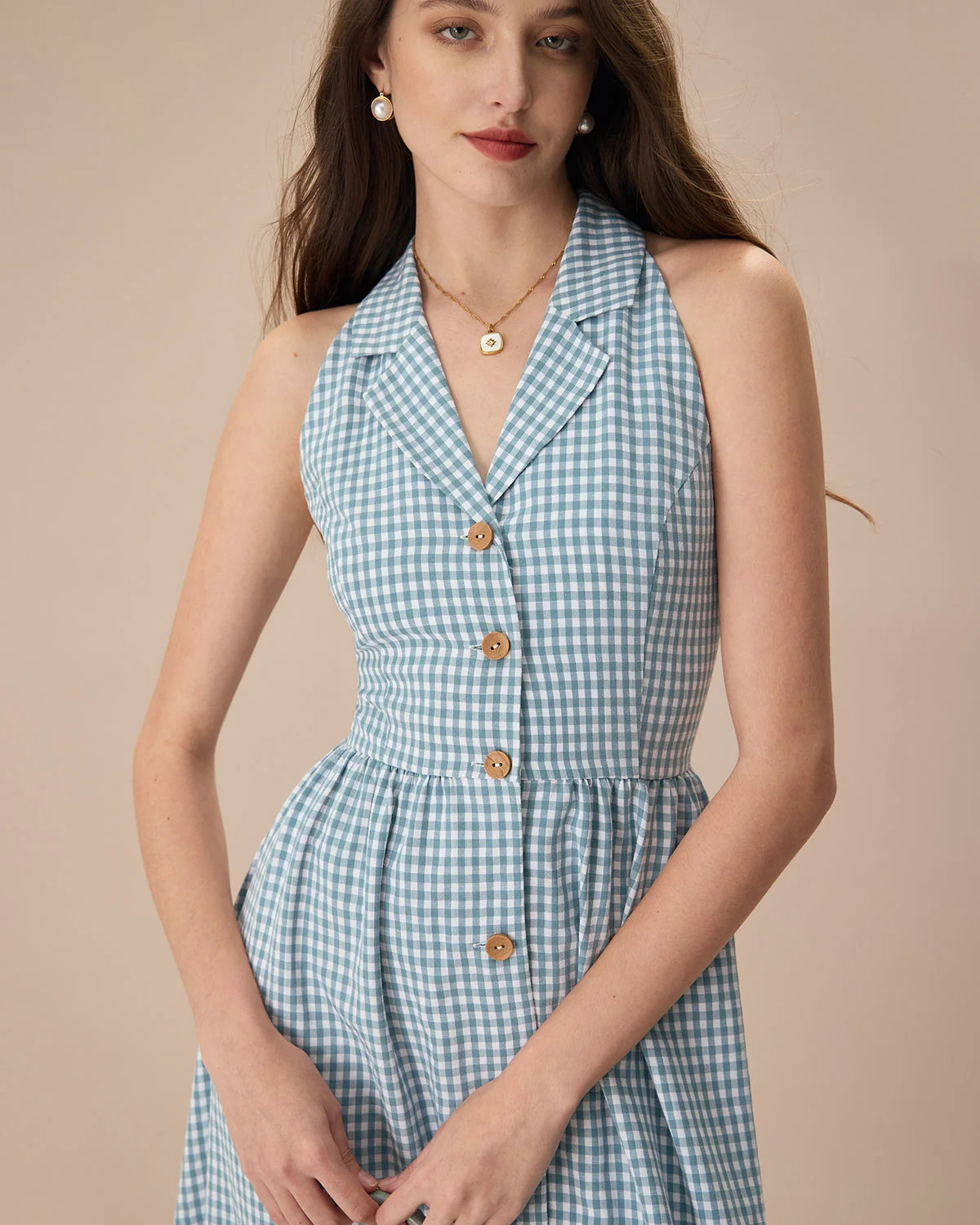 The Blue Lapel Plaid Sleeveless Shirt Midi Dress & Reviews - Dusty Blue - Dresses | RIHOAS | rihoas.com