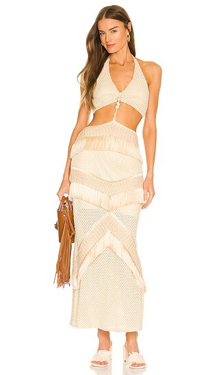 Fringe and Lace Sleeveless Cutout Maxi in Sandstone | Revolve Clothing (Global)