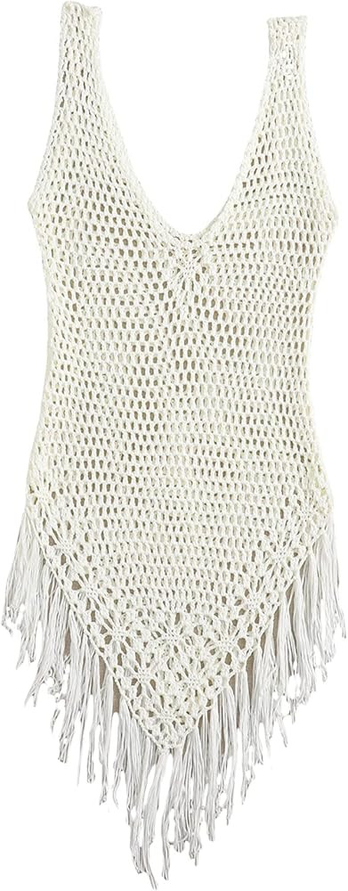 WDIRARA Women's Swimwear Deep V Neck Fringe Hem Sleeveless Cover Up Dress | Amazon (US)