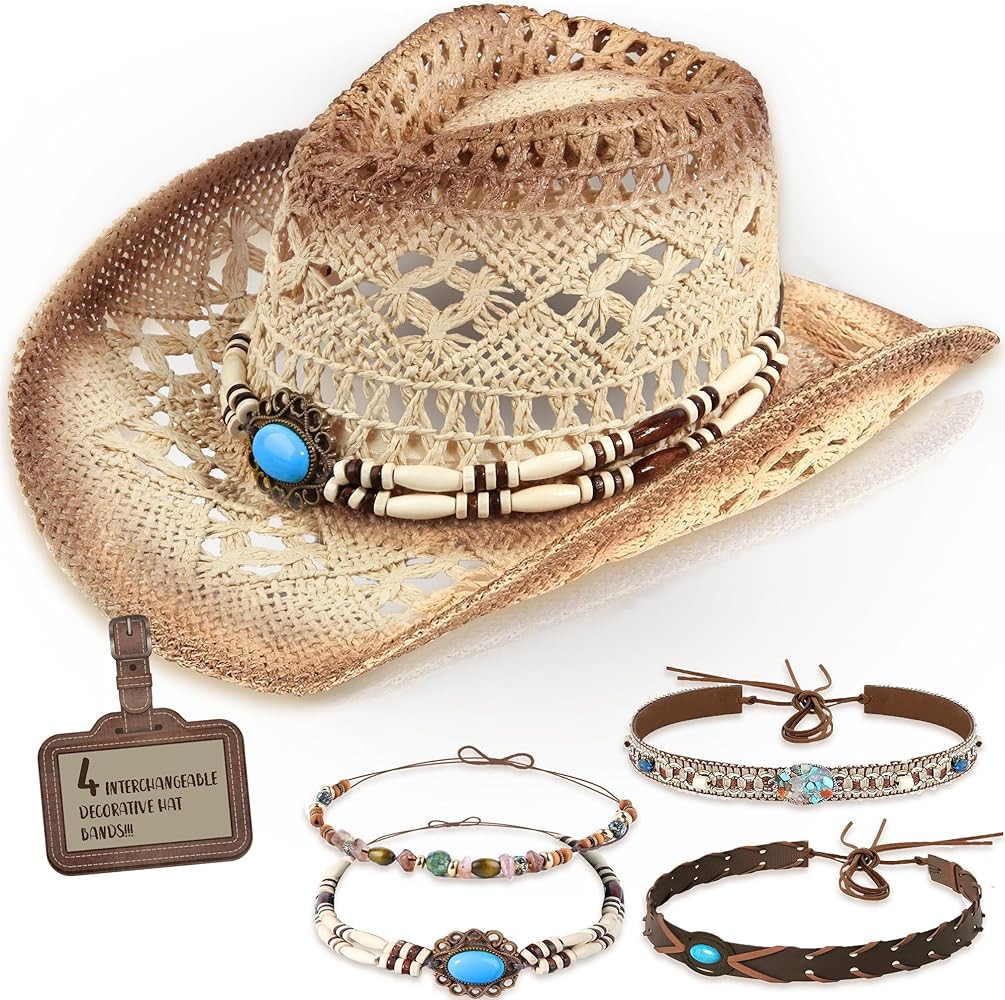 Straw Cowboy Hat Western Cowgirl Hat with Four Decorative Bands, Hat Size Fits 21 7/8 to 23, Wide... | Amazon (US)