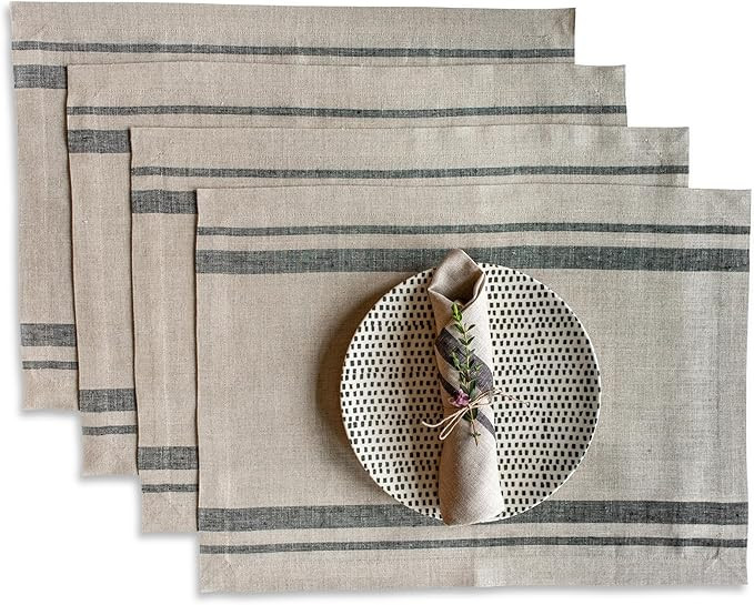 Solino Home Linen French Stripe Placemats Set of 4-100% Pure Linen Black and Natural Placemats 14... | Amazon (US)