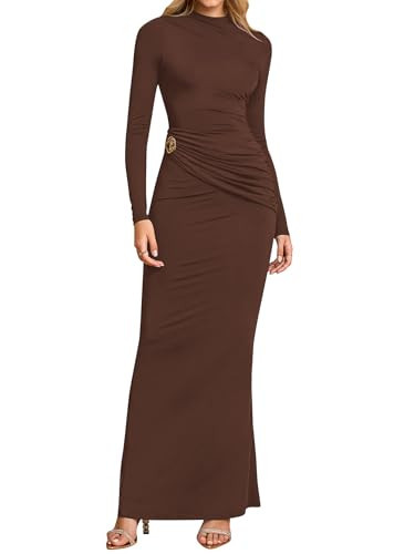 URYIAO Women's Long Sleeve Ruched Bodycon Maxi Dress Fall Winter Formal Elegant Cocktail Party Dresses L Brown | Amazon (US)
