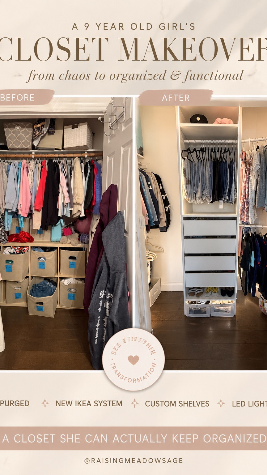 The biggest goal wasn’t just a prettier closet… it was creating a space my 9-year-old could actually keep organized on her own. 🤍
We started by pulling everything out. Then came the purge, patching holes, spackling, sanding, painting, installing a new IKEA closet system, adding LED lighting, and even building a few custom shelves from leftover wood to make every inch work harder.
Now everything has a home. She can see what she has, reach it herself, put away her own laundry, and actually keep it organized. 🙌
Sometimes organization isn’t about buying more—it’s about designing a system that makes everyday life easier for your kids (and for you).
If you’ve been putting off a closet makeover, let this be your sign. The transformation was worth every minute.
✨ Save this for your next organizing project, and comment CLOSET if you’d like me to share the products, IKEA pieces and everything I used!
#ClosetMakeover #KidsCloset #GirlsRoom #IKEAHack #IKEACloset

#LTKHome