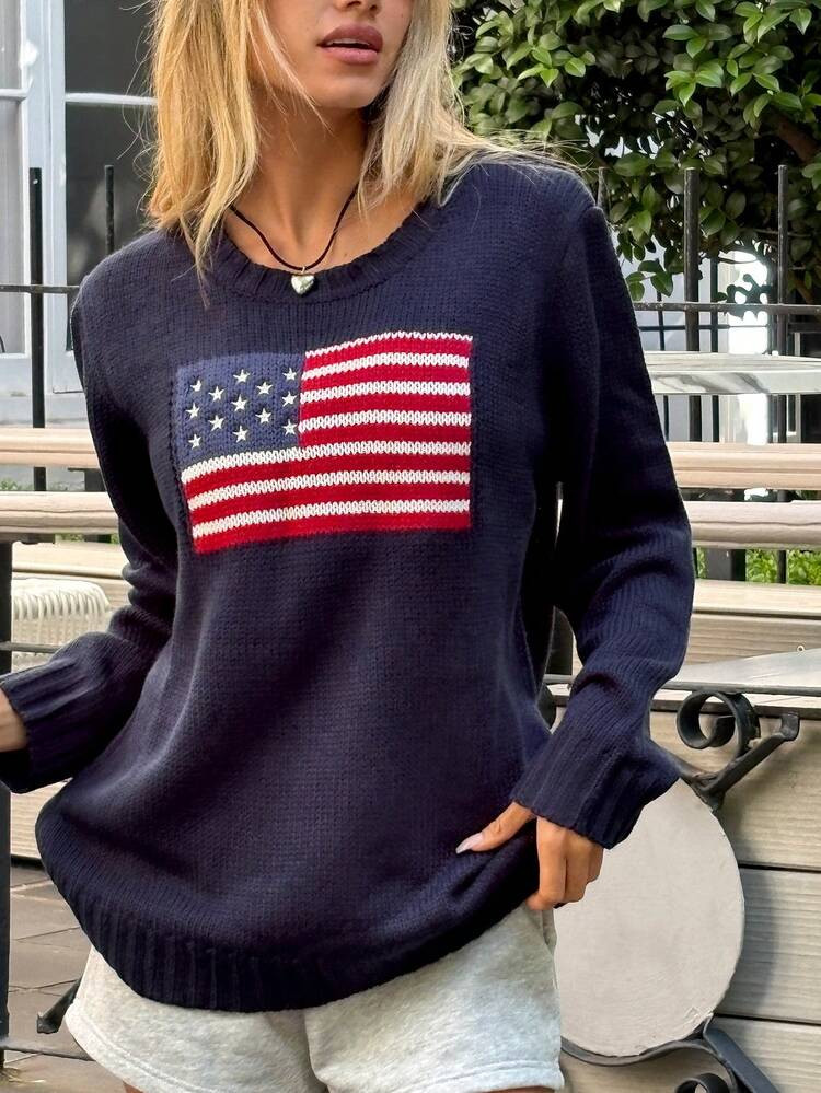 MainGRL Jersey De Punto Informal Con Acento De Lazo De Navidad Para Mujer, Estilo Universitario, Manga Larga, Otoño/Invierno, Top De Manga Larga | SHEIN