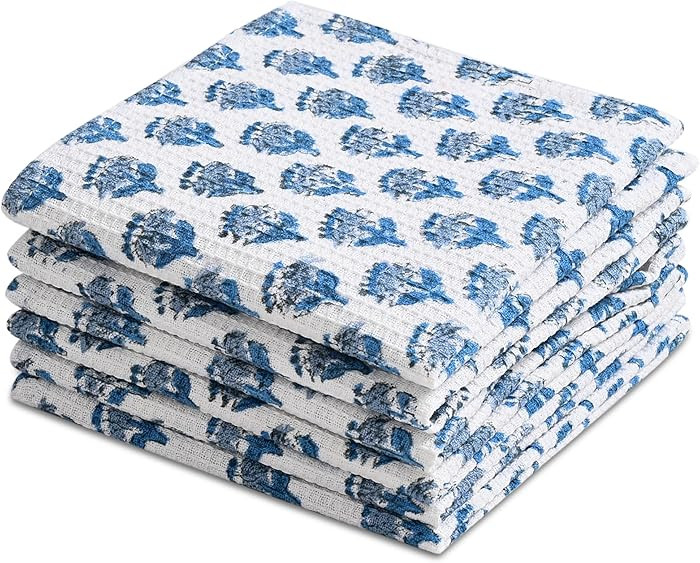 CPC Apatite Blue Hand Block Printed Cotton Waffle Dish Cloth Set of 12-12x12 Inch Super Absorbent... | Amazon (US)