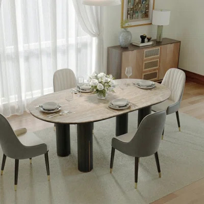 70.9" Modern Oval Dining Table, Faux Travertine Sintered Stone Top with Black Wood Pedestal Base and Metal Accents | Wayfair North America
