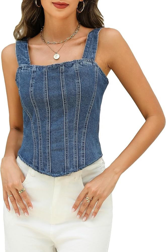 Ladyful Denim Corset Top for Women Square Neck Jean tank Tube Top Back Tie Spaghetti Strap Crop D... | Amazon (US)