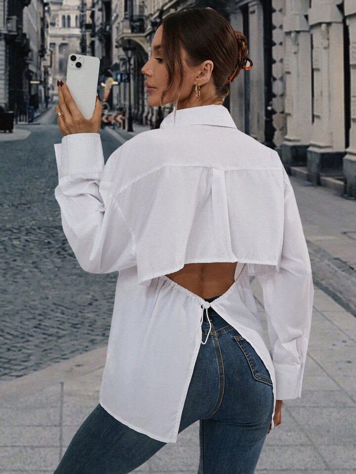 SHEIN Privé Cut Out Back Drop Shoulder Shirt | SHEIN