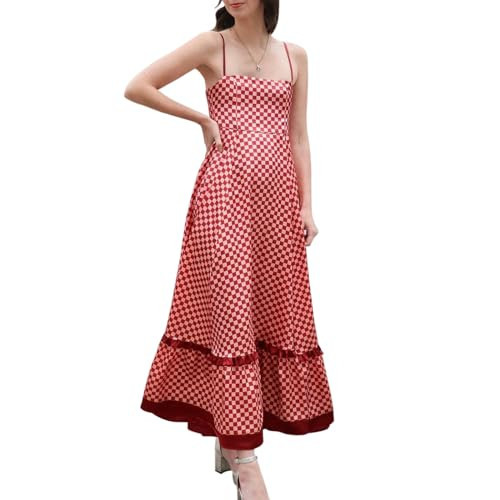 Women's Plaid Long Dress Spaghetti Strap Square Neck Ruffle Hem Swing A Line Summer Party Beach Slip Maxi Dress (Red, S) | Amazon (US)