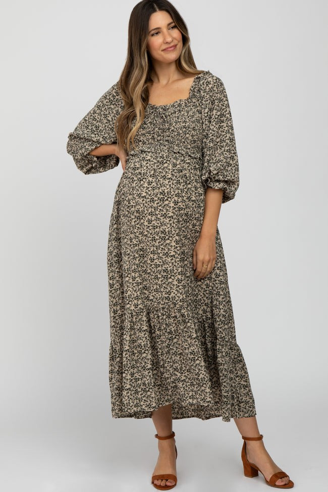 Cream Floral Ruffle Sweetheart Neck Maternity Midi Dress | PinkBlush Maternity