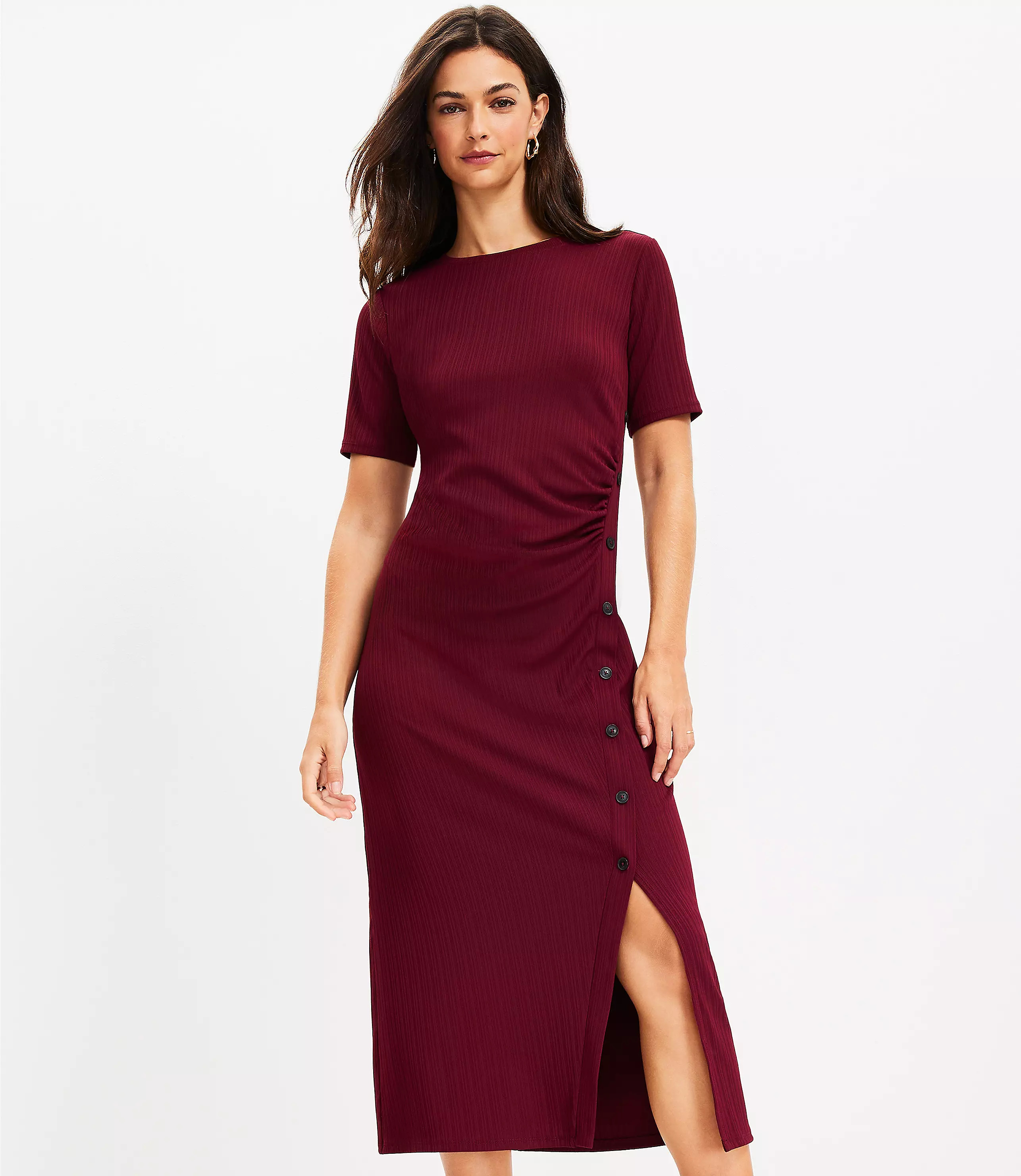 Ribbed Button Trim Midi Dress | LOFT