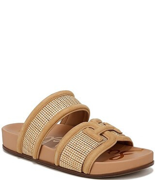 Rowan Suede Double Banded Raffia Logo Detail Slide Sandals | Dillard's