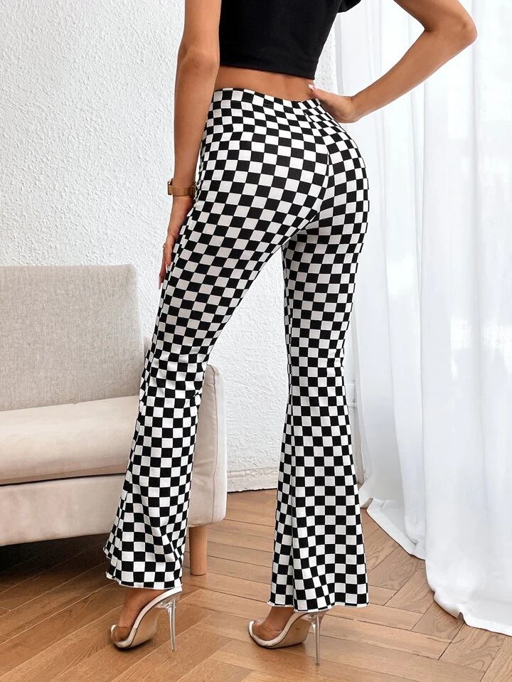 SHEIN Privé Checker Print Flare Leg Pants | SHEIN