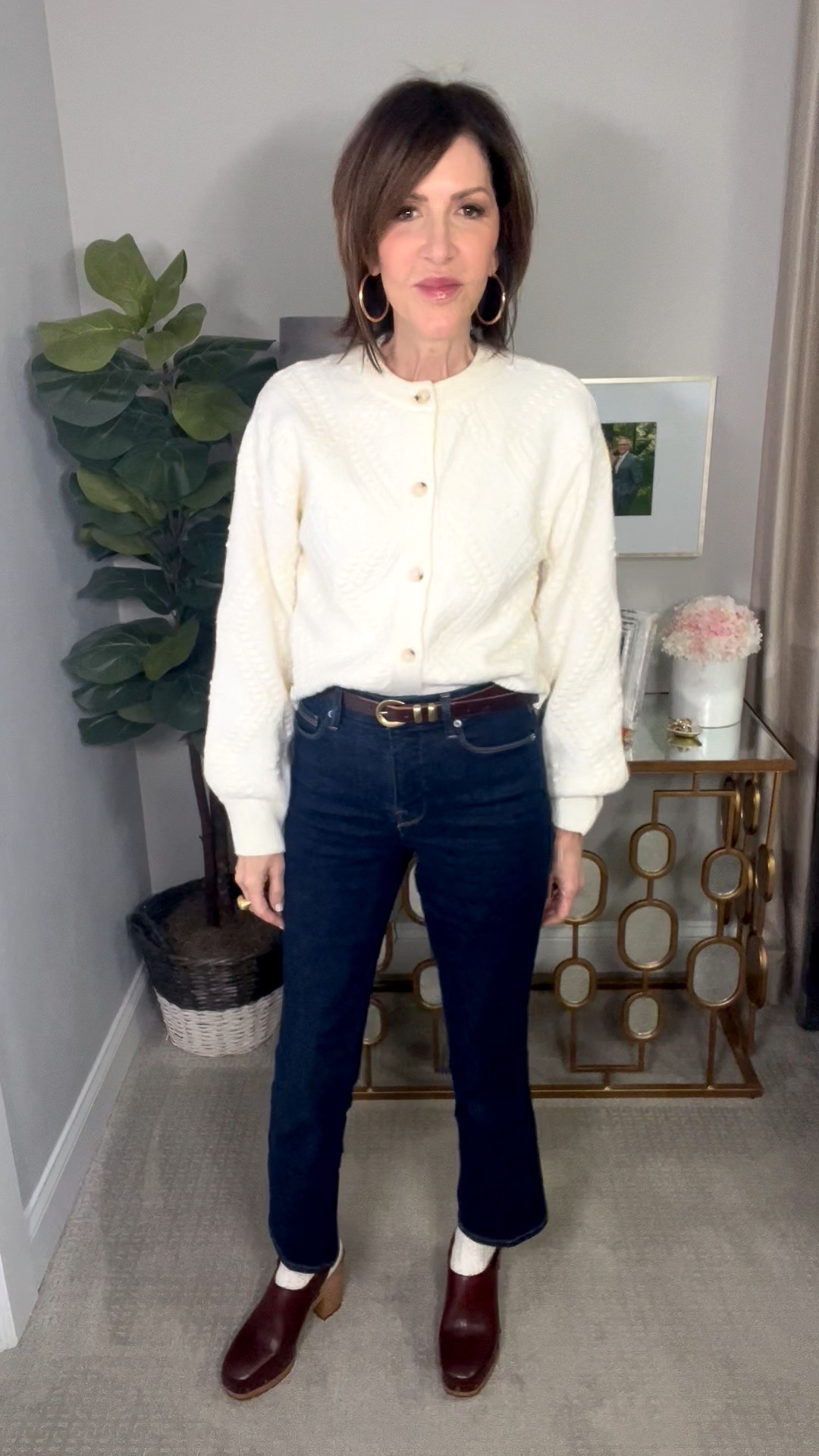 white cardigan, straight leg denim, brown clogs, over 50 outfits, winter outfit 

#LTKSeasonal #LTKOver40 #LTKootd