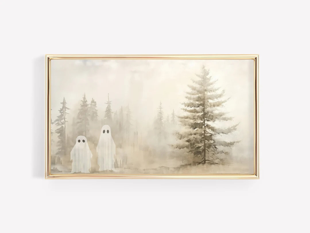 Neutral Fir Tree With Ghosts Halloween Frame TV Art - Etsy | Etsy (US)