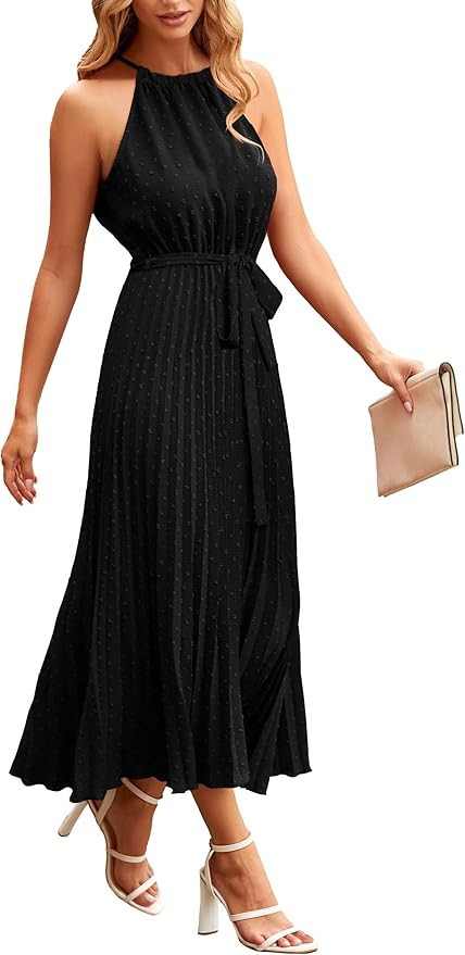 PRETTYGARDEN Women's Summer Casual Long Dress Sleeveless Halter Neck Swiss Dot Pleated Beach Maxi... | Amazon (US)