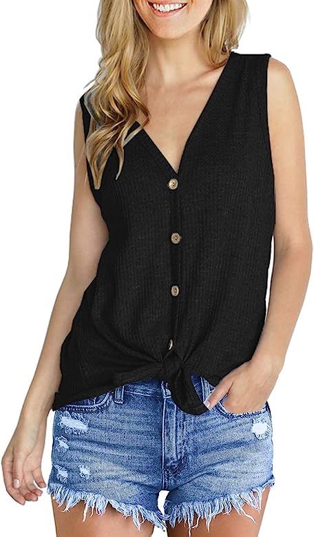 IWOLLENCE Womens Loose Henley Blouse Sleeveless Button Down T Shirts Tie Front Knot Tops | Amazon (US)