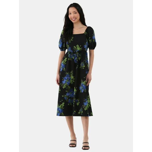 Time and Tru Women's and Women's Plus Back Tie Midi Dress with Puff Sleeves, Sizes XS-XXXL | Walmart (US)