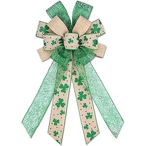 Large St. Patrick's Day Bows for Wreath, Glitter Green Shamrock Bow Irish Wreath Bows Holiday Burlap | Amazon (US)