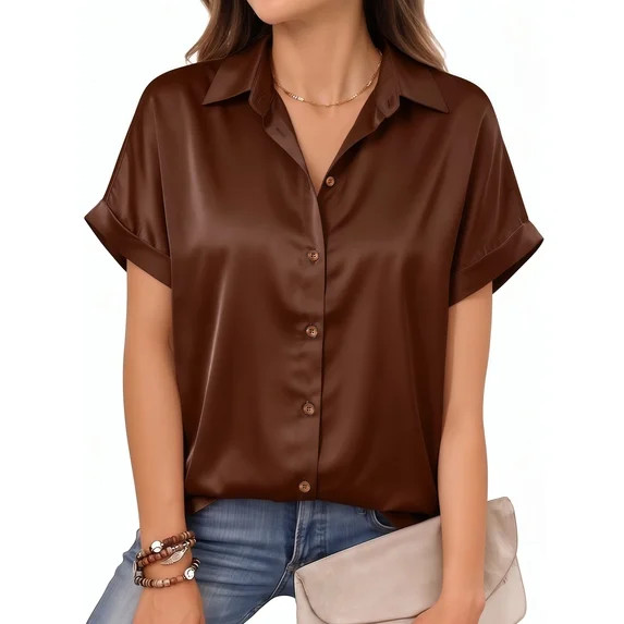 MOYIKO Women's Satin Button Down Shirts Short Sleeve Blouse Collared Dressy Casual Business Work ... | Walmart (US)