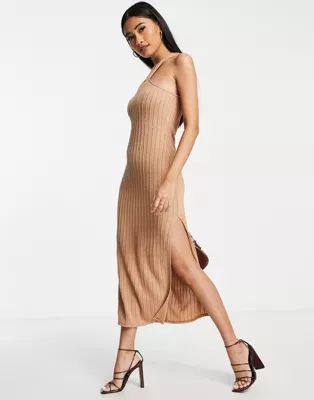 ASOS DESIGN cable knit cut out one sleeve midi dress in camel | ASOS (Global)