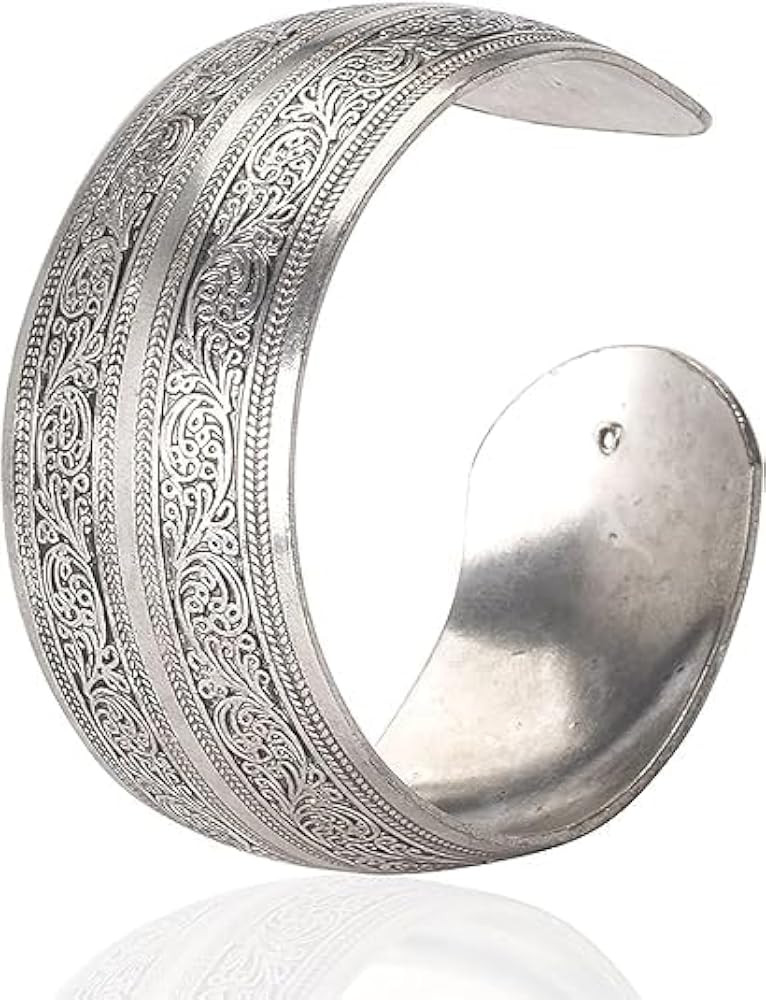 1Pc Silver Tibeten Silver Carved Spiral Flower Connecting Branches Pattern Wide Band Open Cuff Br... | Amazon (US)