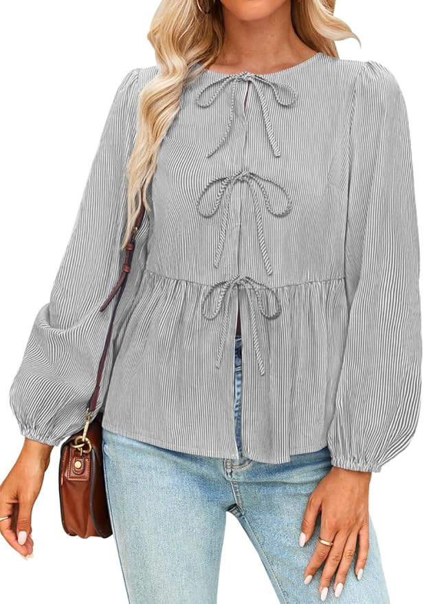 NENONA Women's Bow Tie Front Babydoll Blouse Tops Long Sleeve Stripe Peplum Ruffle Lace Up Shirts | Amazon (US)