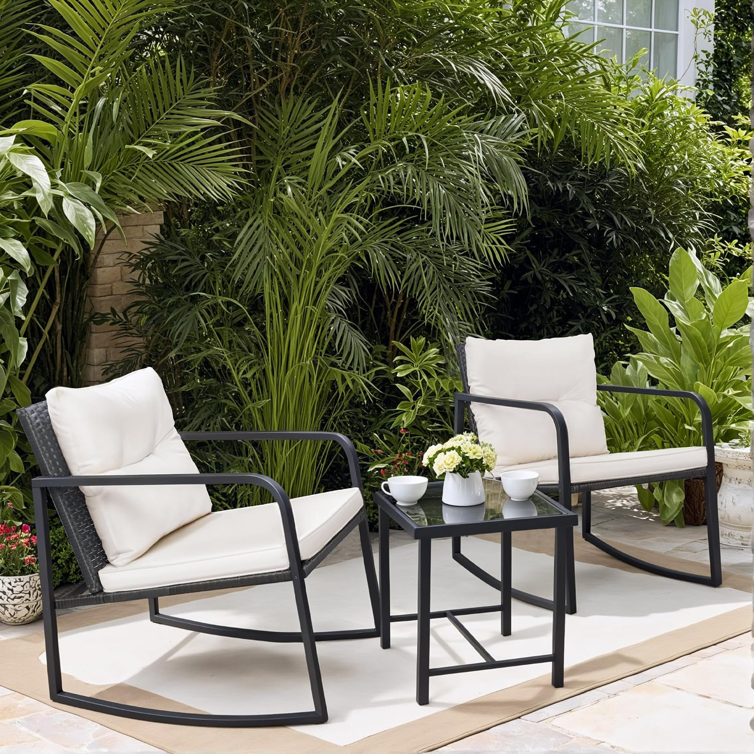 Greesum 3 Pieces Rocking Wicker Bistro Set,Patio Conversation Sets,Beige | Amazon (US)