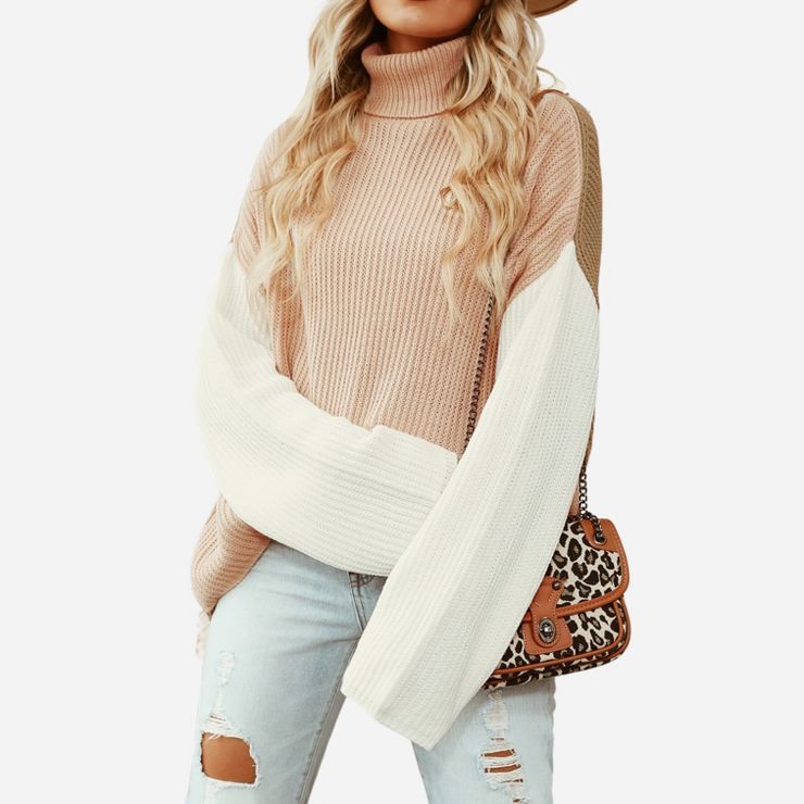 Women's Dropped Shoulder Turtleneck Colorblock Sweater - Cupshe - Beige/White | Target