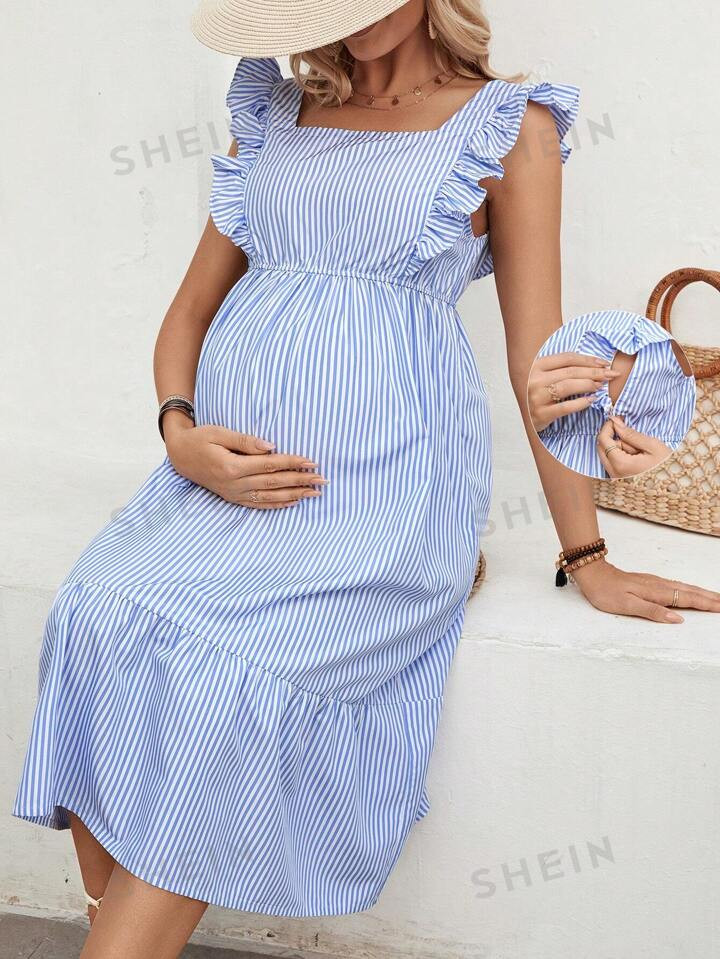 SHEIN Sleeveless Maternity Nursing Dress With Blue & White Stripes And Flutter Sleeves | SHEIN