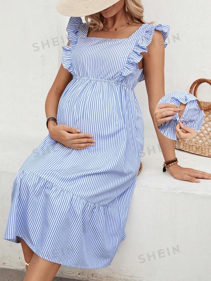 SHEIN Sleeveless Maternity Nursing Dress With Blue & White Stripes And Flutter Sleeves | SHEIN