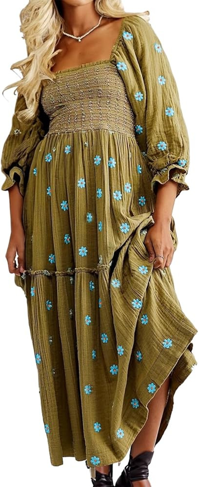 Women's Casual Embroidered Maxi Dress Floral Flowy Square Neck Dresses with Puff Sleeves for Summer  | Amazon (US)