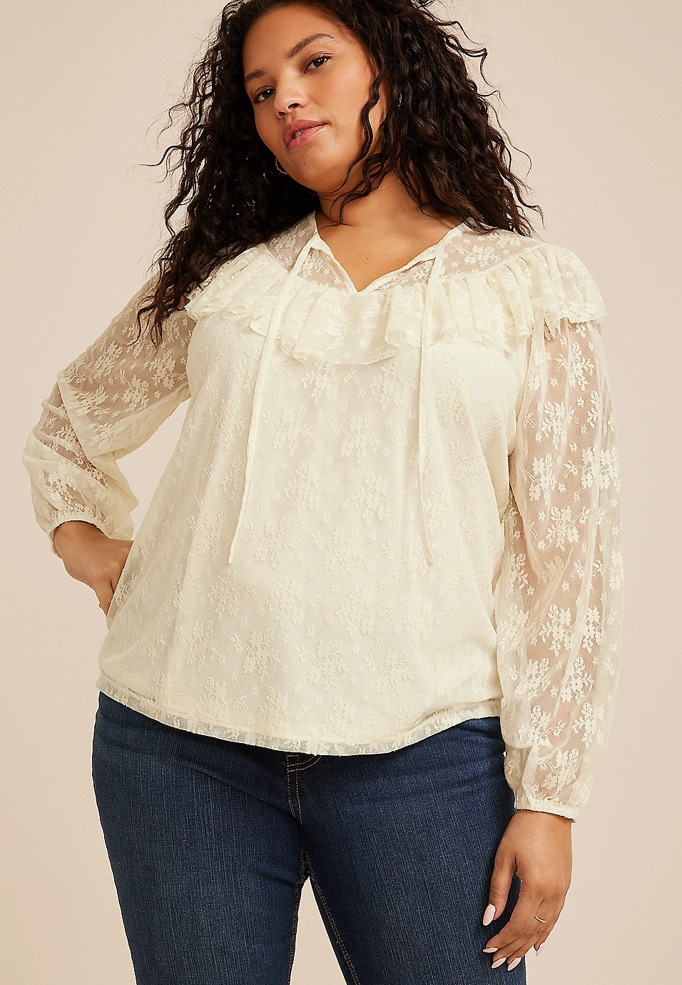 Plus Size Sheer Lace Ruffle Yoke Blouse | Maurices