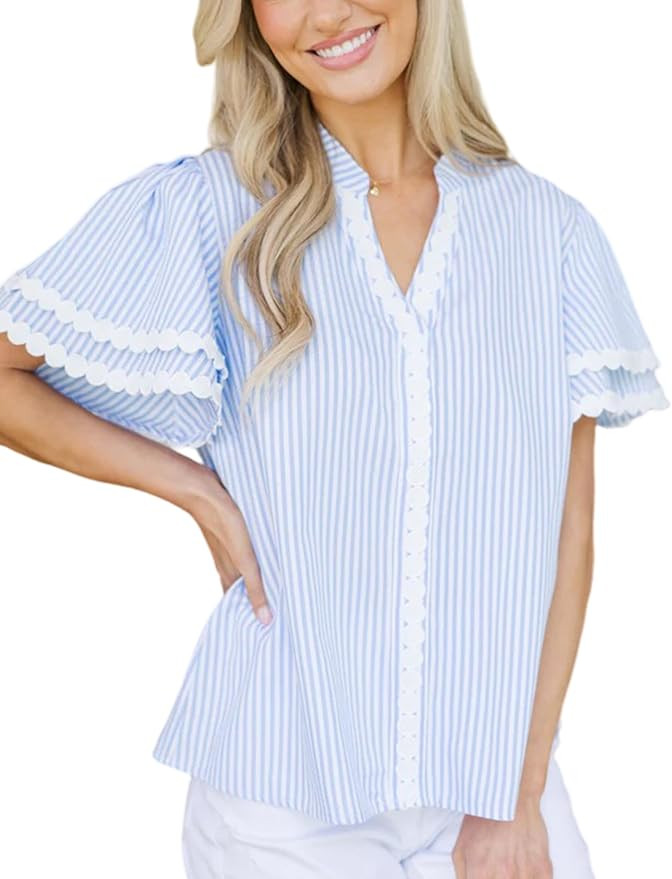 Yeokou Womens Striped Shirt V Neck Short Puff Sleeve Cotton Pullover Top Casual Summer Button Dow... | Amazon (US)