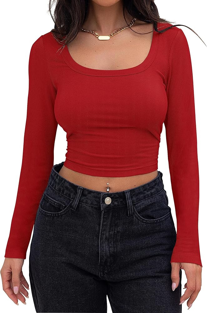 MEROKEETY Women's Long Sleeve Square Neck Crop Top Ribbed Slim Fitted Y2K Casual T-Shirt Tops | Amazon (US)