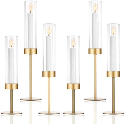 Tall Hurricane Candle Holders Set of 6, Gold Glass Taper Candlestick Holders for Wedding, Christm... | Amazon (US)