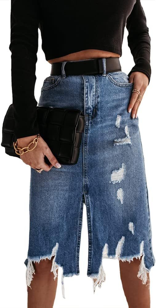 Gediffwer Women's Button Up Side Slit Denim Midi Skirt Casual High Waist Slim Fit Jean Pencil Ski... | Amazon (US)
