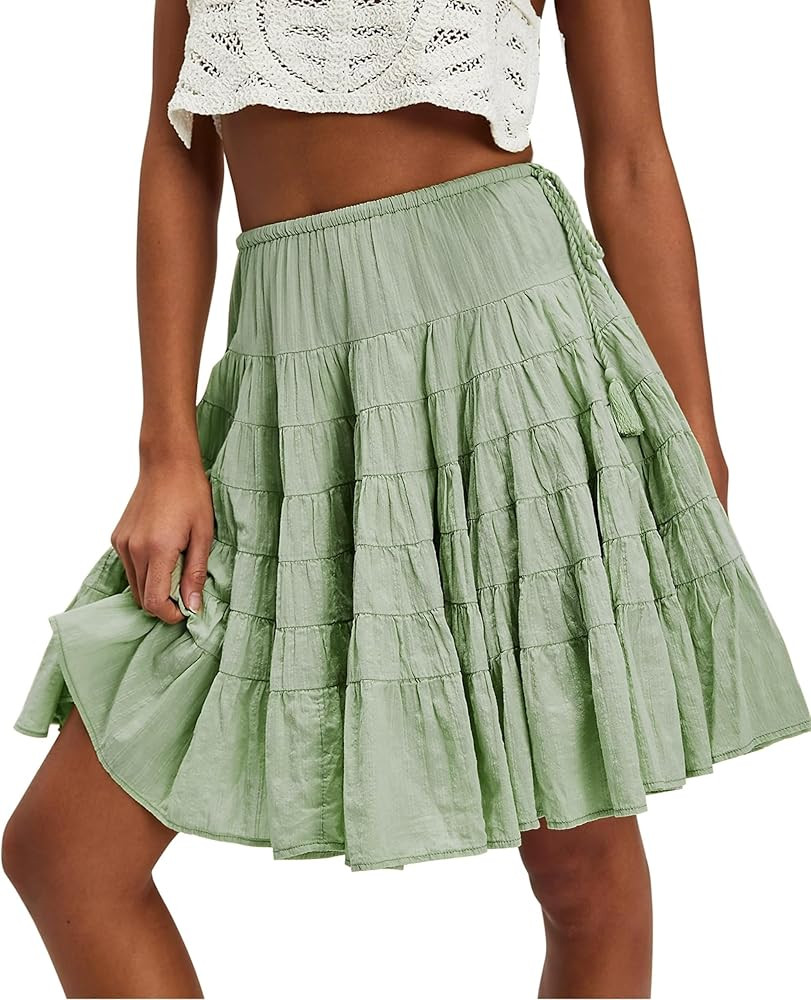 Womens Tiered Boho Pleated Drawstring Waist Knee Length Flowy Midi Short Skirts | Amazon (US)