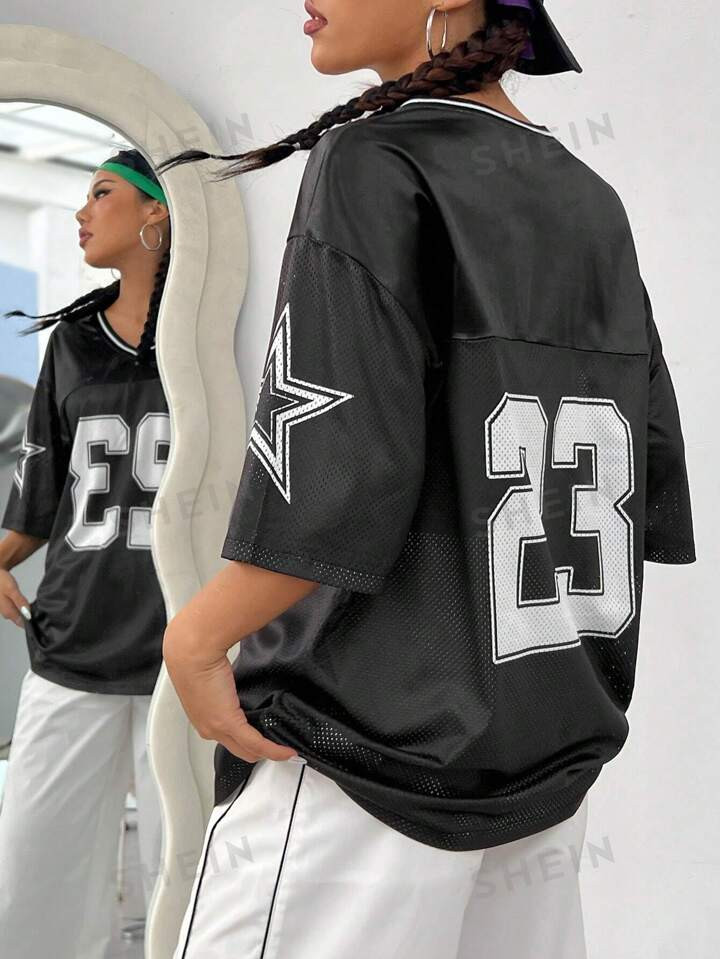 SHEIN EZwear Women's Letter Print Mesh Patchwork Drop Shoulder T-Shirt | SHEIN