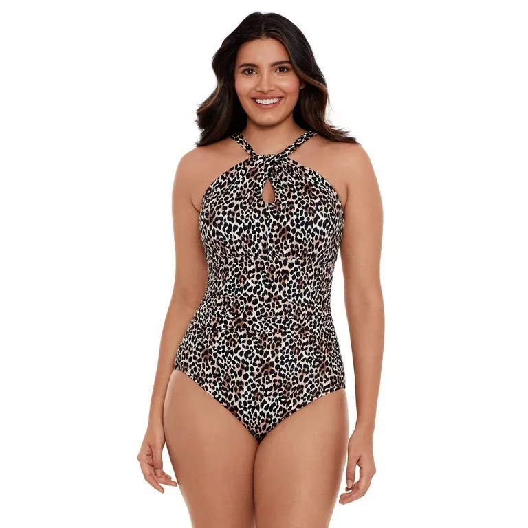 No Boundaries Plus Women's Printed Shirred Swimsuit 1-Piece 