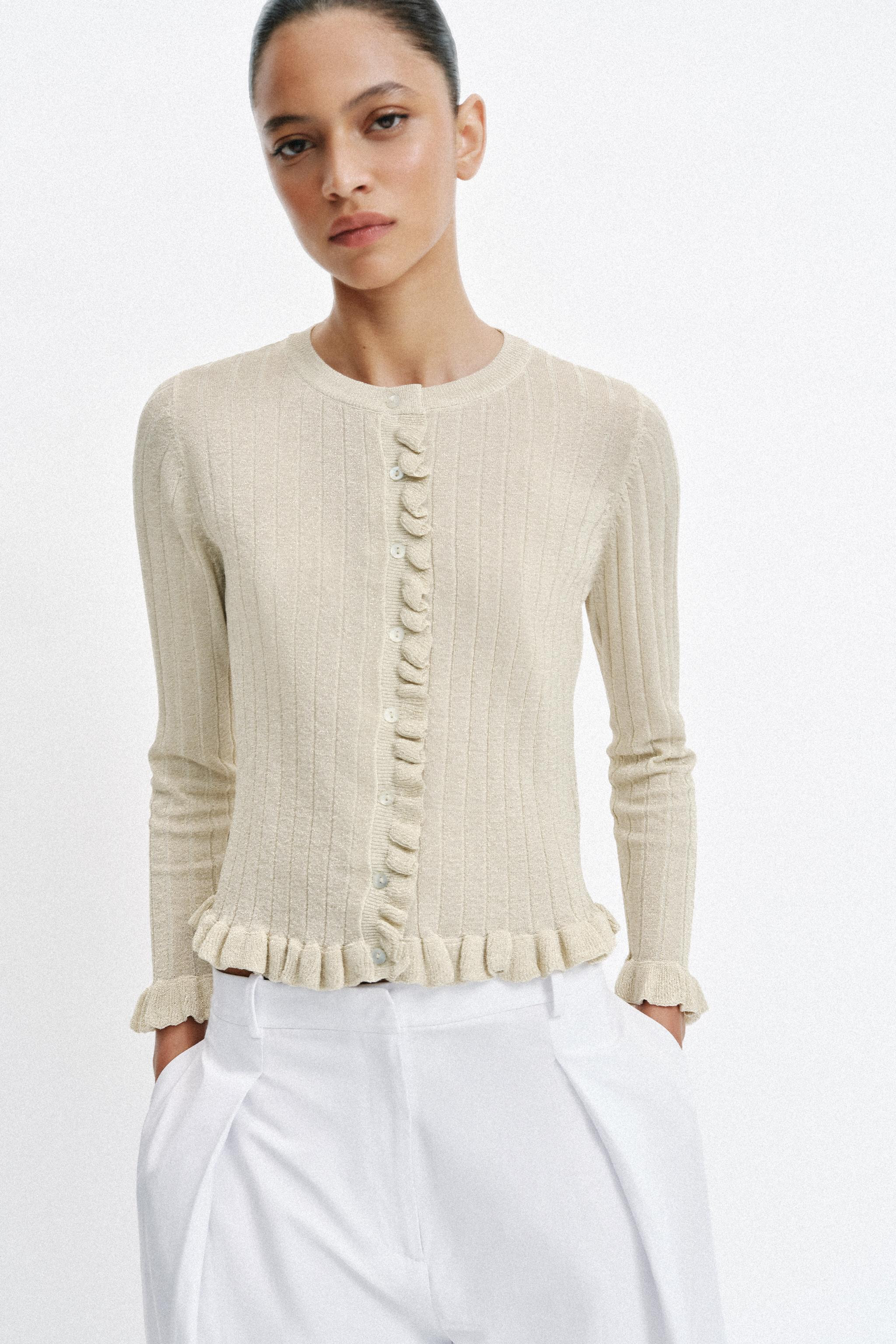 METALLIC THREAD RUFFLED KNIT CARDIGAN | Zara US