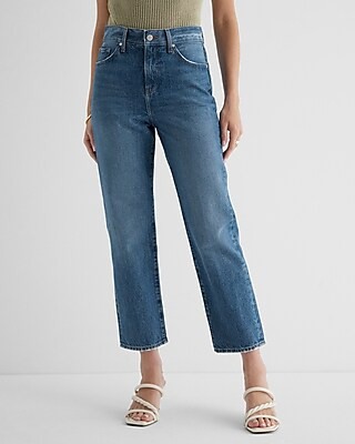 High Waisted Dark Wash Straight Ankle Jeans | Express