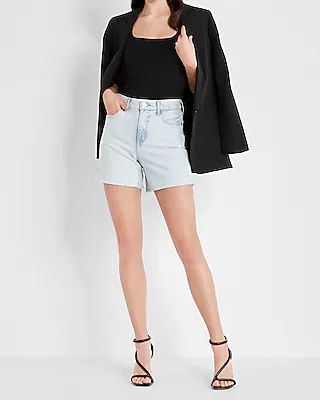 High Waisted Light Wash Raw Hem Jean Shorts | Express