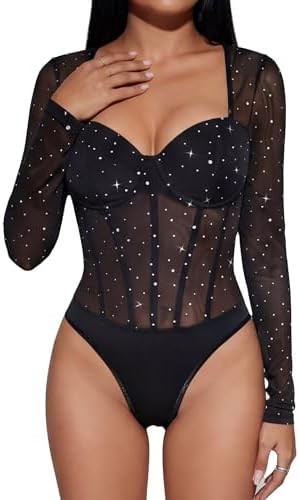 Sunzel Mesh Bodysuits for Women Long Sleeve Sparkle Going Out Leotard Sheer Tops Rave Outfits Bod... | Amazon (US)