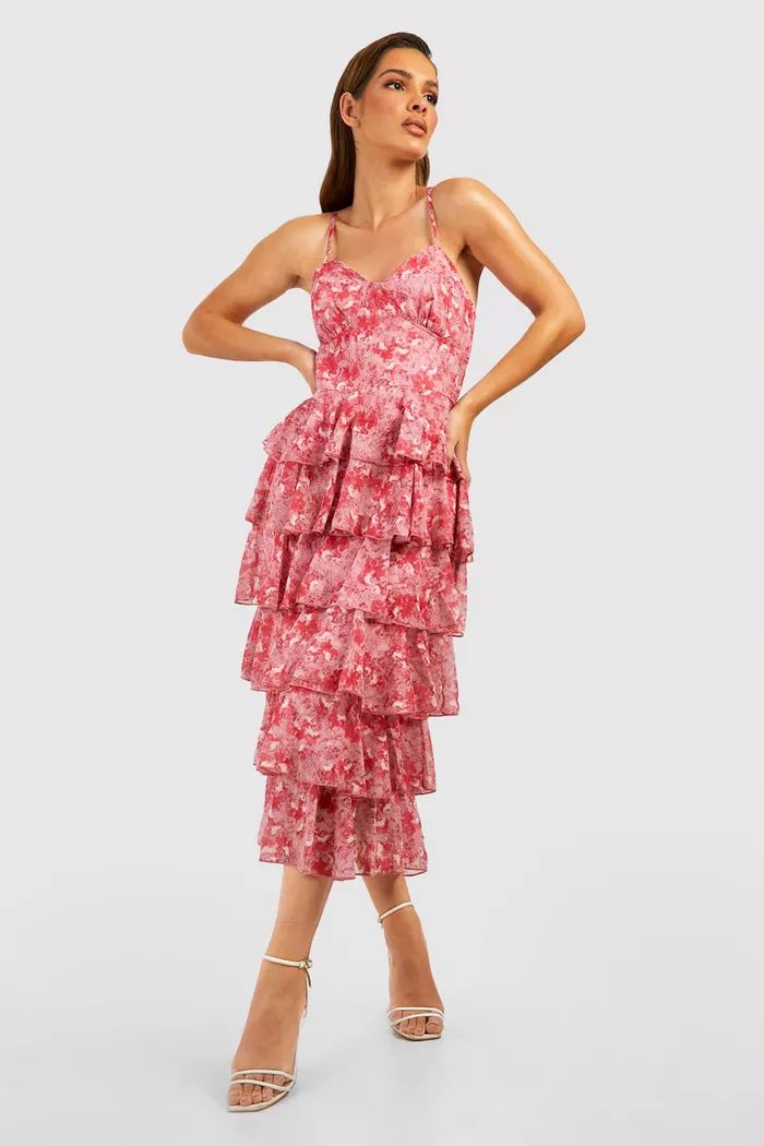 Chiffon Floral Tiered Strappy Midi Dress | boohoo (US & Canada)