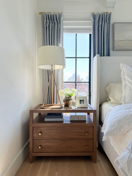 Wood, nightstand with drawers, charging nightstand, gold lamp, nightstand styling, linen curtains, blue, gray linen curtains, acrylic and brass curtain rod, drapes, neutral home, modern coastal, bedroom, design, nightstand styling, home decor

#LTKHome #LTKSaleAlert #LTKStyleTip