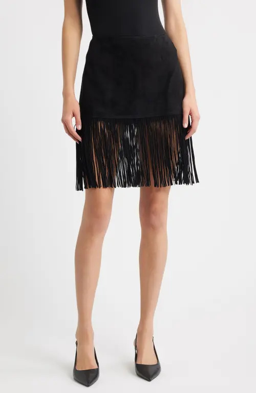 FRAME The Saddle Fringe Trim Suede Skirt in Black at Nordstrom, Size 2 | Nordstrom