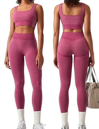 OLCHEE Womens Workout Sets 2 Piece Seamless Square Neck Sports Bra Padded Butt Lifting Leggings High Waist Yoga Gym Outfits - Orchid Purple Large | Amazon (US)