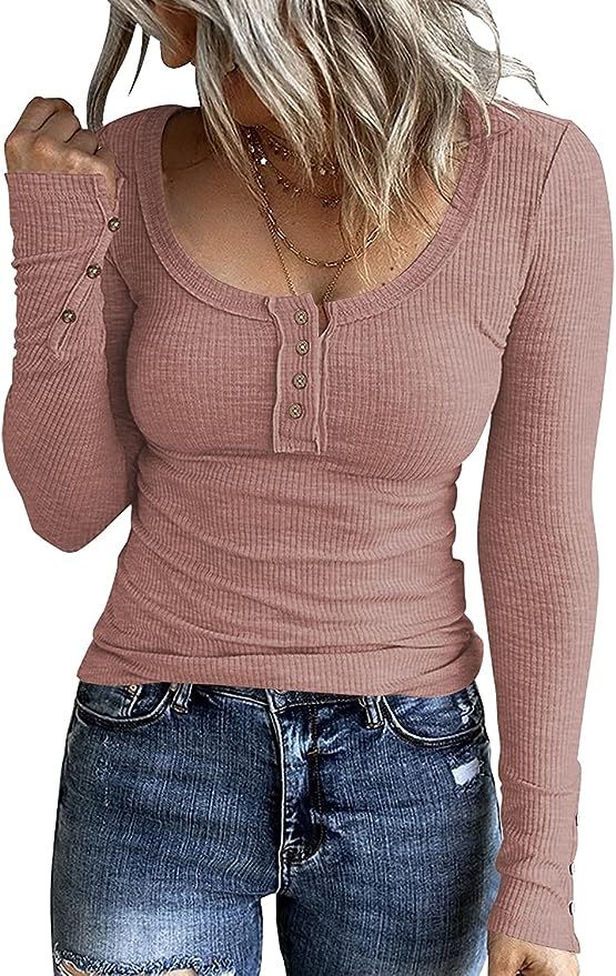 WAYMAKER Women's Henley Shirts Long Sleeve Button Down Tunic Tops Scoop Neck Ribbed Knit Slim Fit... | Amazon (US)